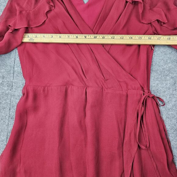 Greylin Dress Womens Medium Red Silk Wrap Ruffle Holiday Romantic Feminine Sheer - Picture 3 of 7